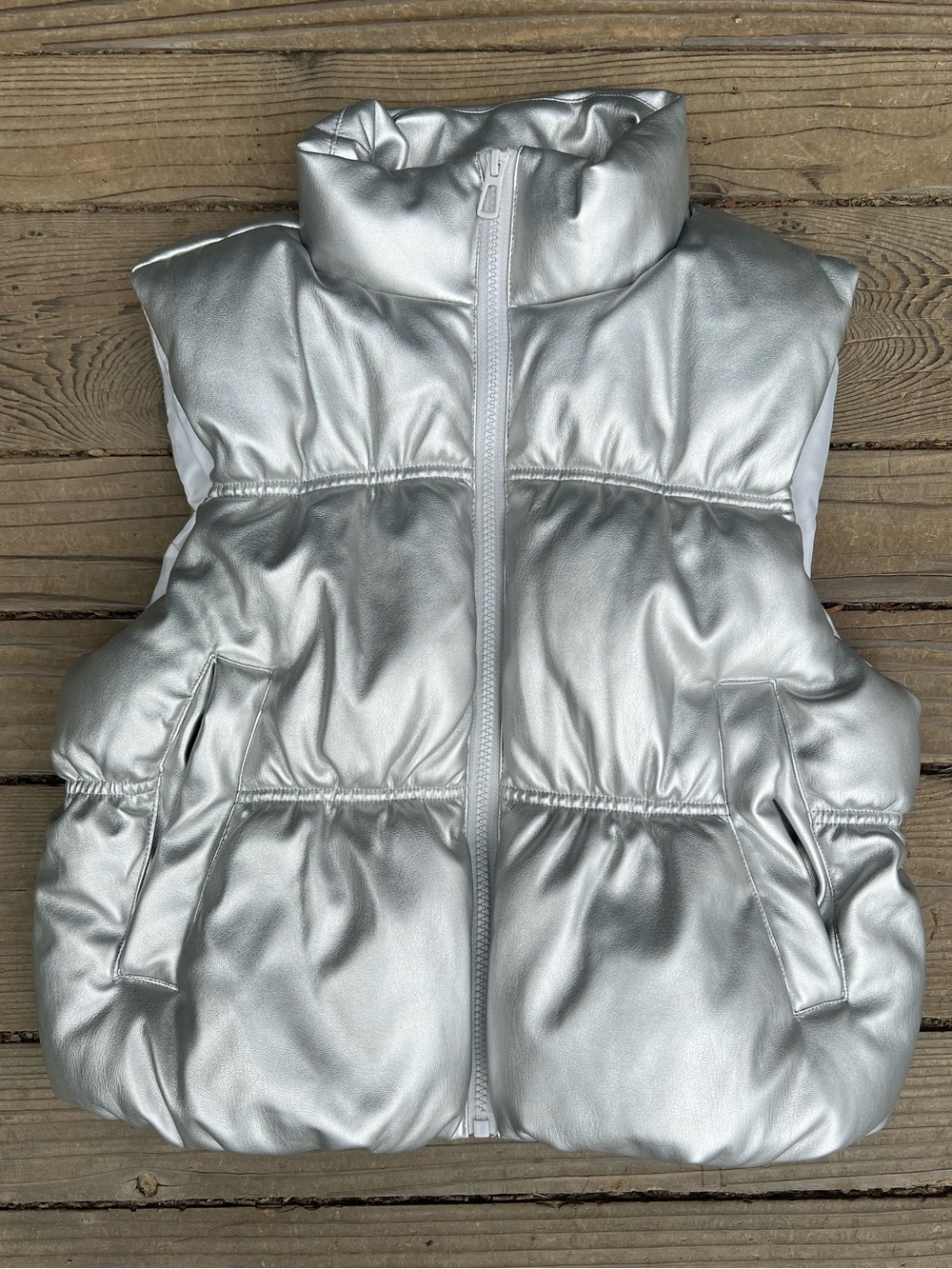 Rachel Roy silver metallic plush chunky zip up retro disco festival puffer vest